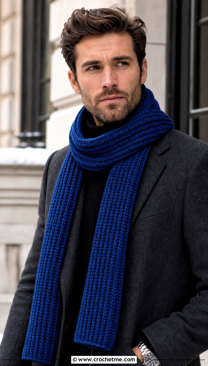 Ribbed Crochet Scarf With Wool Overcoat - 15 crochet stitch for mens scarf outfit ideas