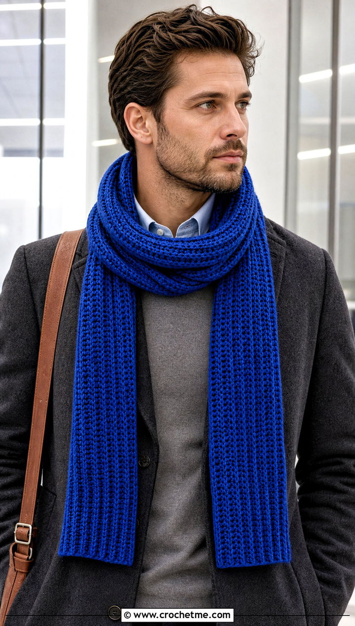 Ribbed Crochet Scarf With Wool Overcoat - 20 men's crocheted scarf outfit ideas
