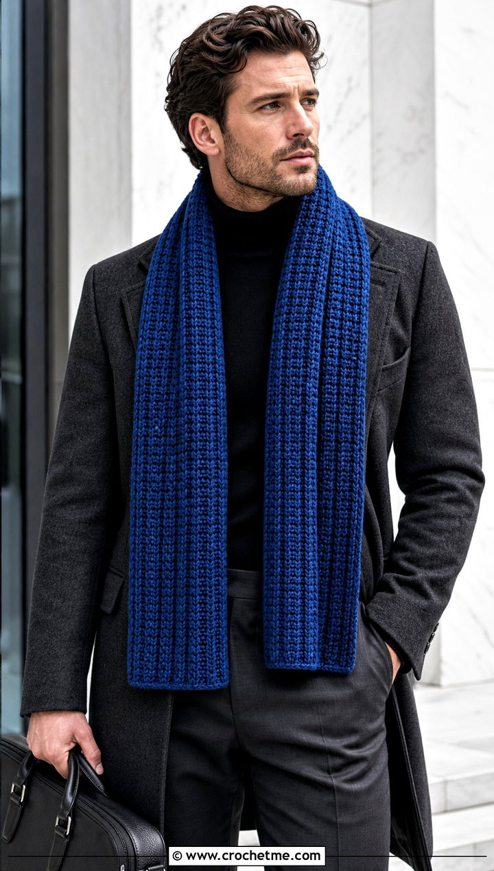 Ribbed Crochet Scarf With Wool Overcoat - 20 Mens Winter Crochet Scarf outfit ideas