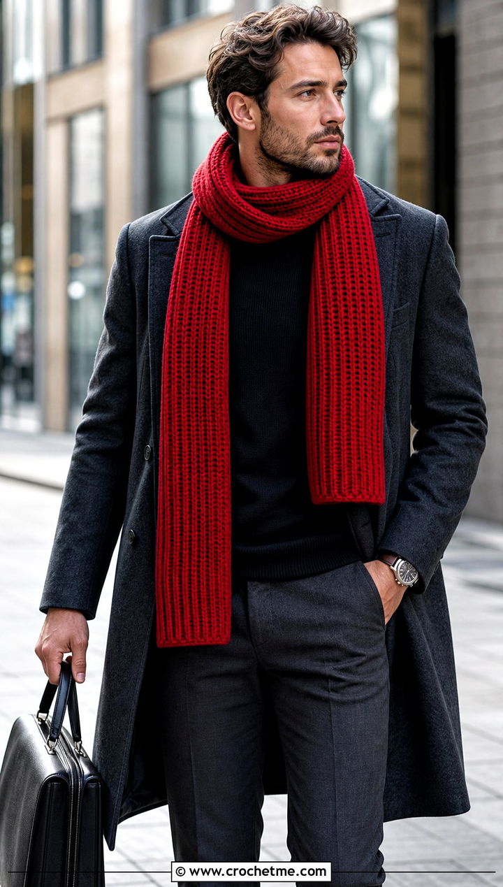 Ribbed Crochet Scarf With Wool Overcoat - 30 male crochet scarf outfit ideas