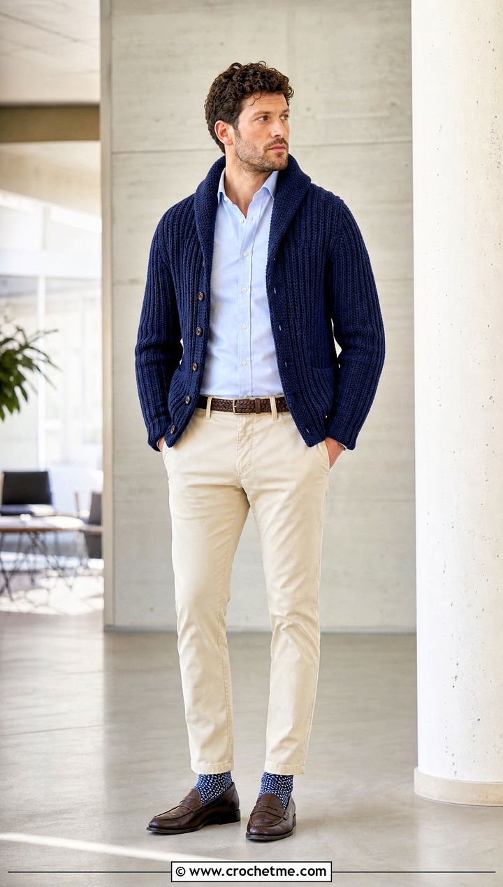 Ribbed Crochet Shawl Collar Cardigan With Chinos - 20 Mens Crochet Shawl Collar Cardigan outfit ideas