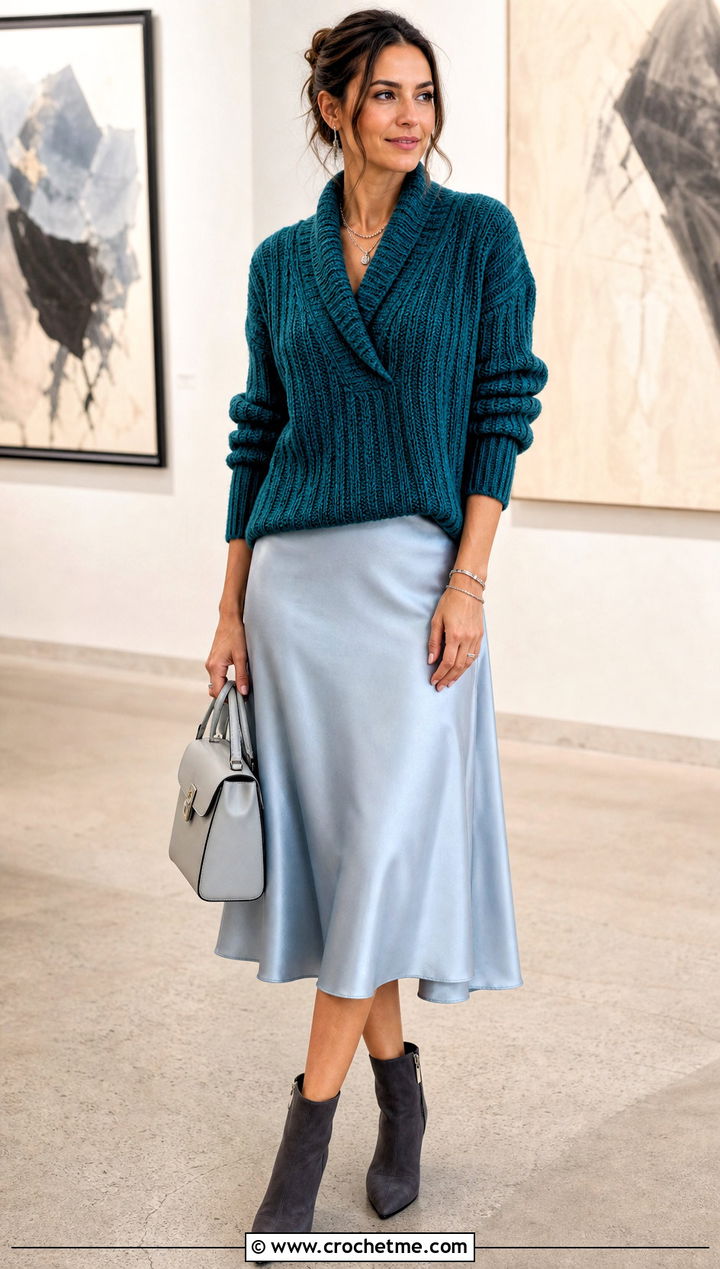 Ribbed Crochet Shawl Collar Sweater With Satin Midi Skirt - 20 Crochet Shawl Collar Sweater outfit ideas