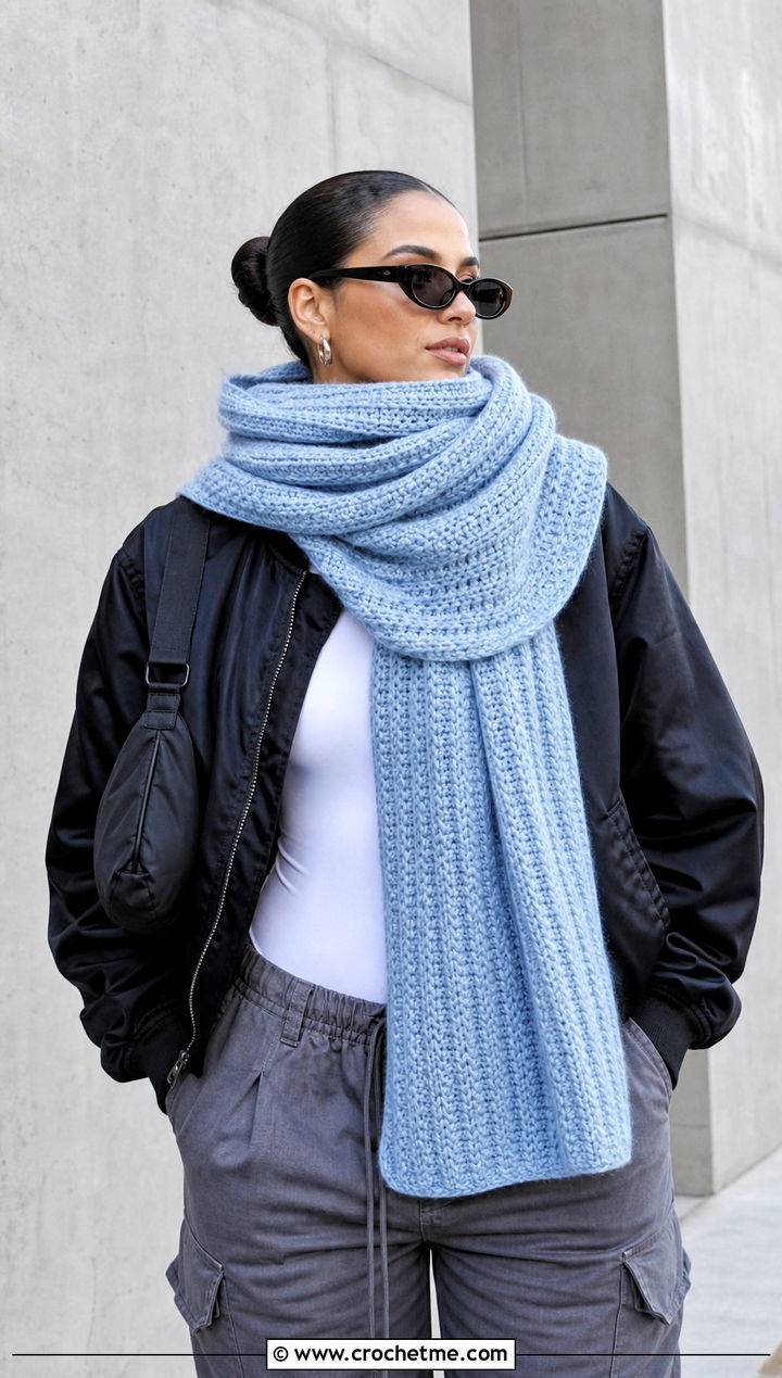 Ribbed Crochet Shawl Scarf With Bomber Jacket - 30 crochet shawl scarf outfit ideas