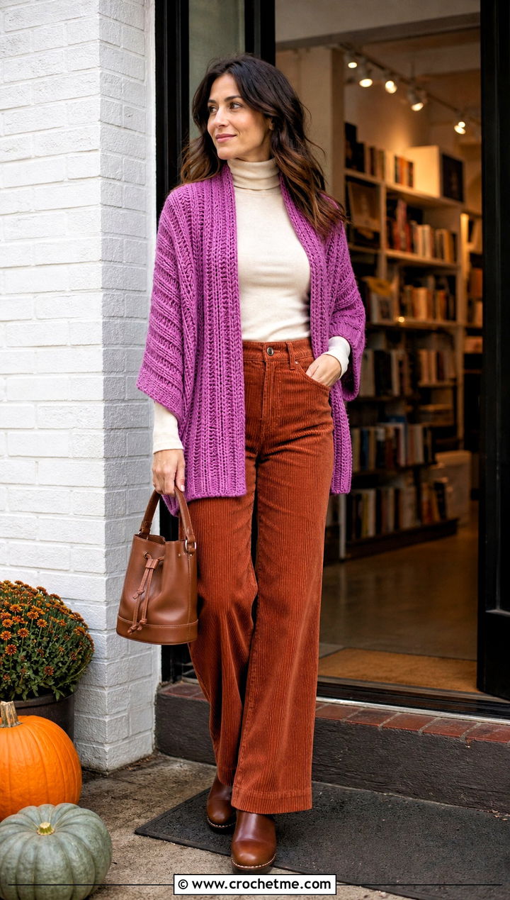 Ribbed Crochet Shawl With Sleeves And Corduroy Pants - 35 crochet shawl with sleeves outfit ideas