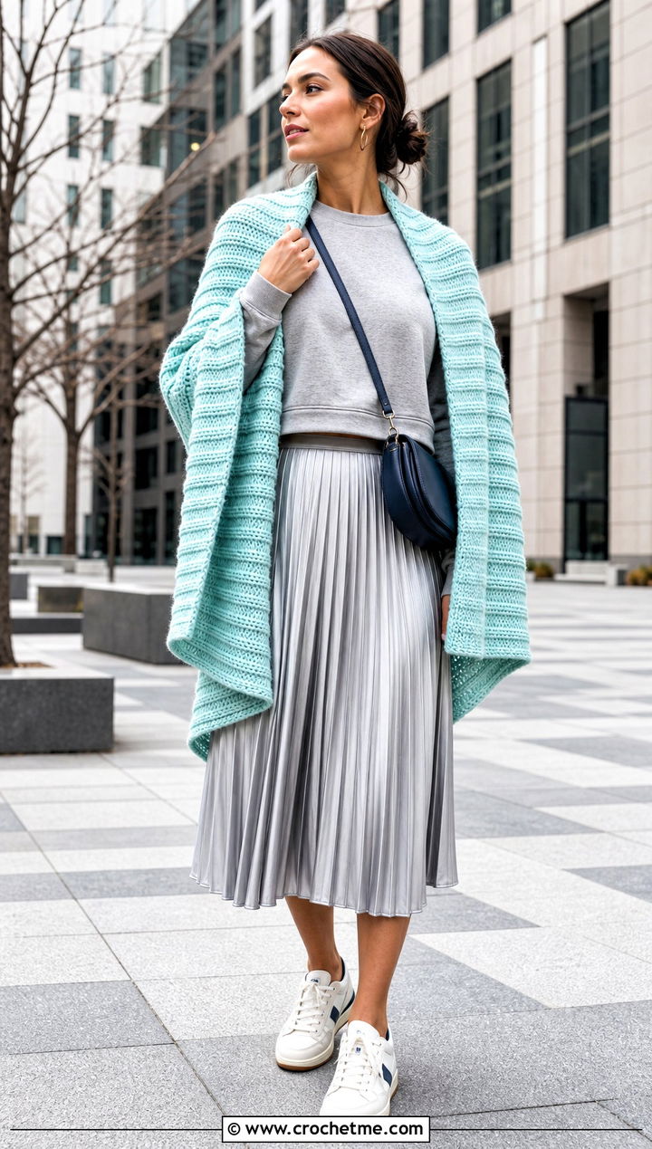 Ribbed Crochet Shawl With Sweatshirt And Pleated Skirt - 20 Crochet Shawl Worsted Weight Yarn outfit ideas