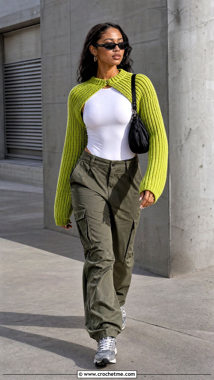 Ribbed Crochet Shrug With Bodysuit and Cargo Pants - 35 crochet shrugs outfit ideas