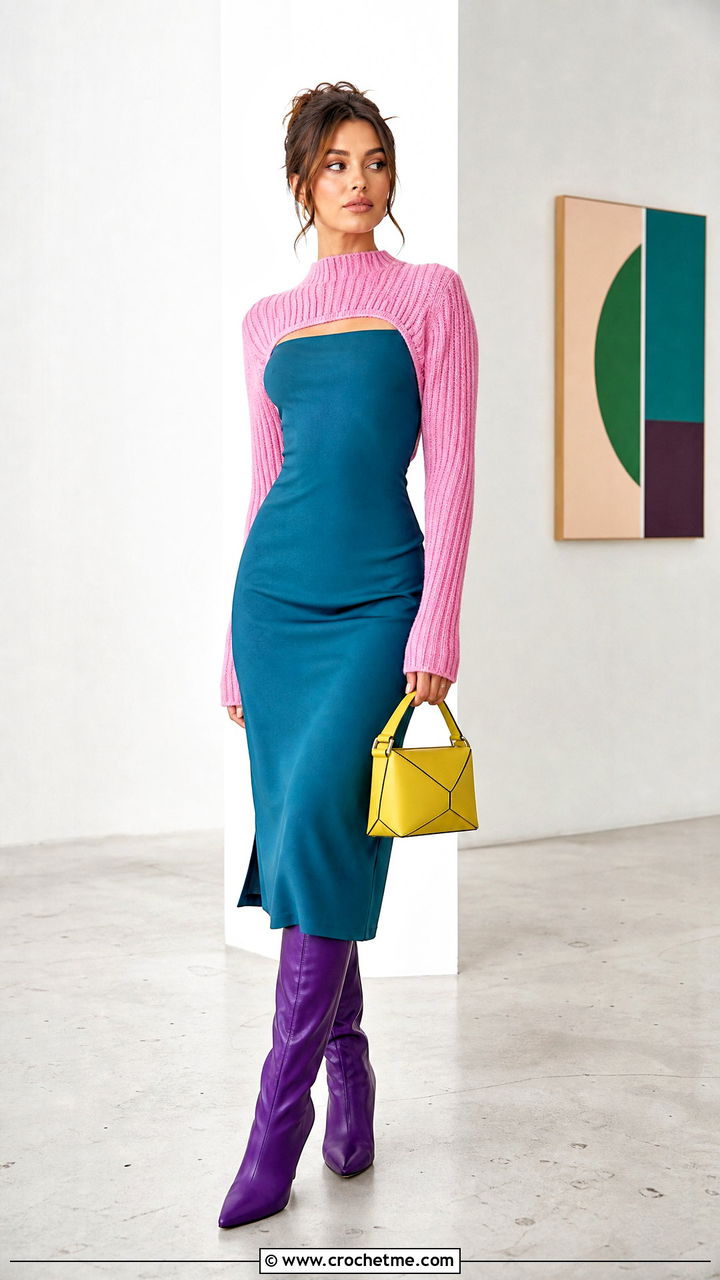 Ribbed Crochet Shrug With Column Midi Dress - 35 crochet shrug outfit ideas
