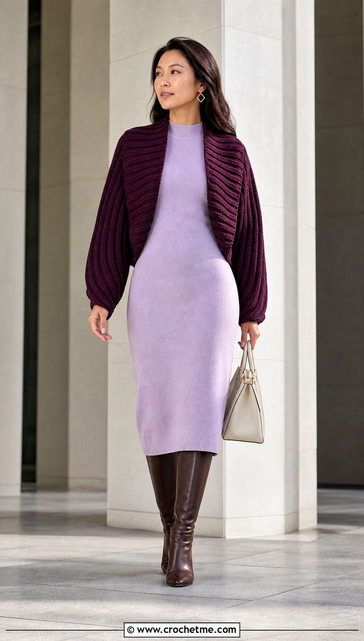 Ribbed Crochet Shrug With Knit Midi Dress - 35 crocheted shrug outfit ideas