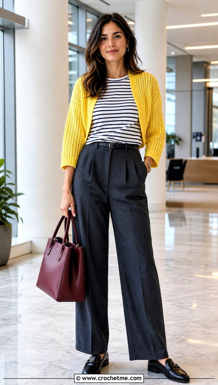 Ribbed Crochet Shrug With Wide Leg Trousers - 30 easy simple crochet shrug outfit ideas