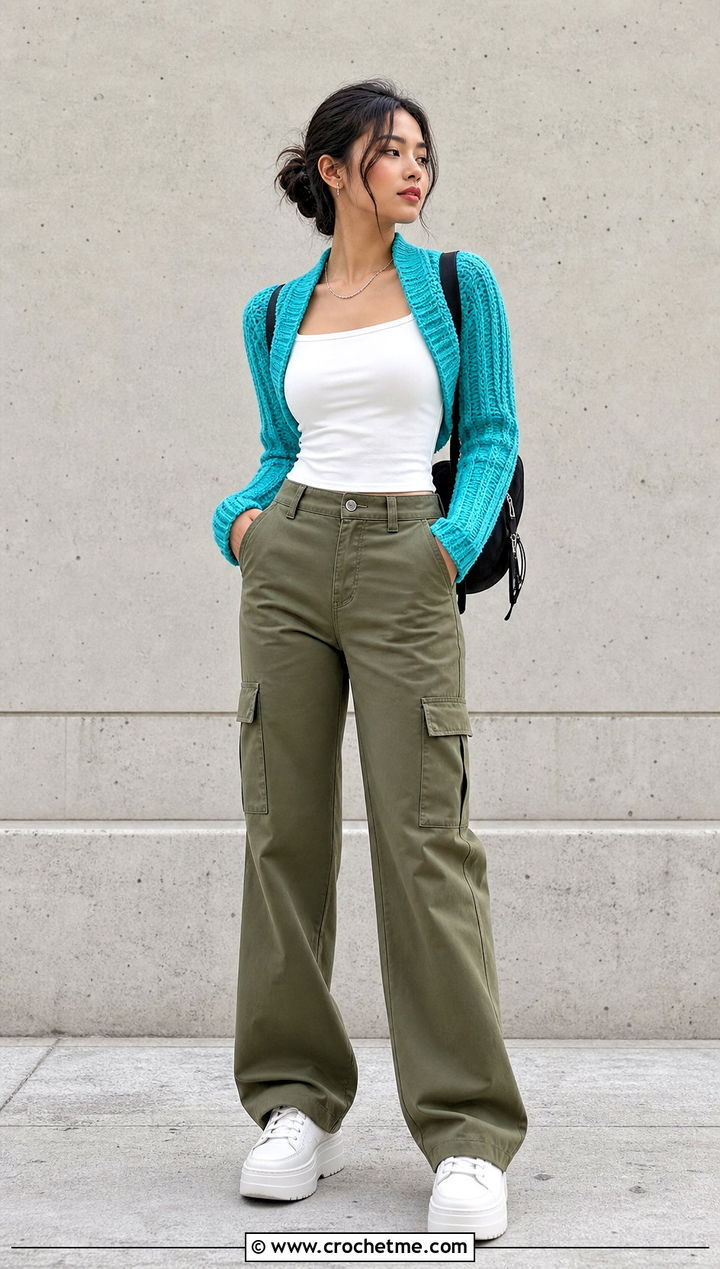 Ribbed Crochet Shrug Wrap With Cargo Pants - 25 crochet shrug wrap outfit ideas