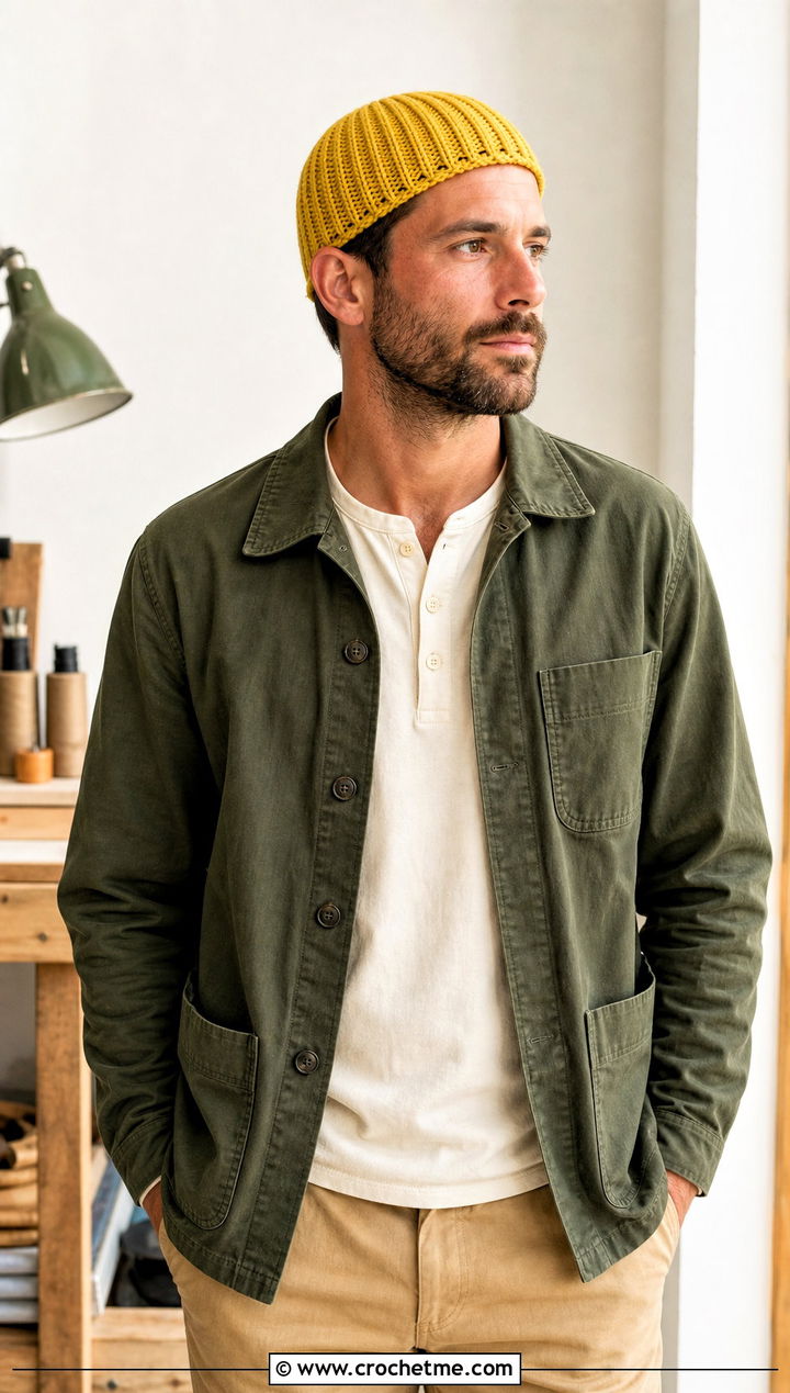 Ribbed Crochet Skull Cap With Chore Jacket And Chinos - 25 Mens Crochet Skull Cap outfit ideas