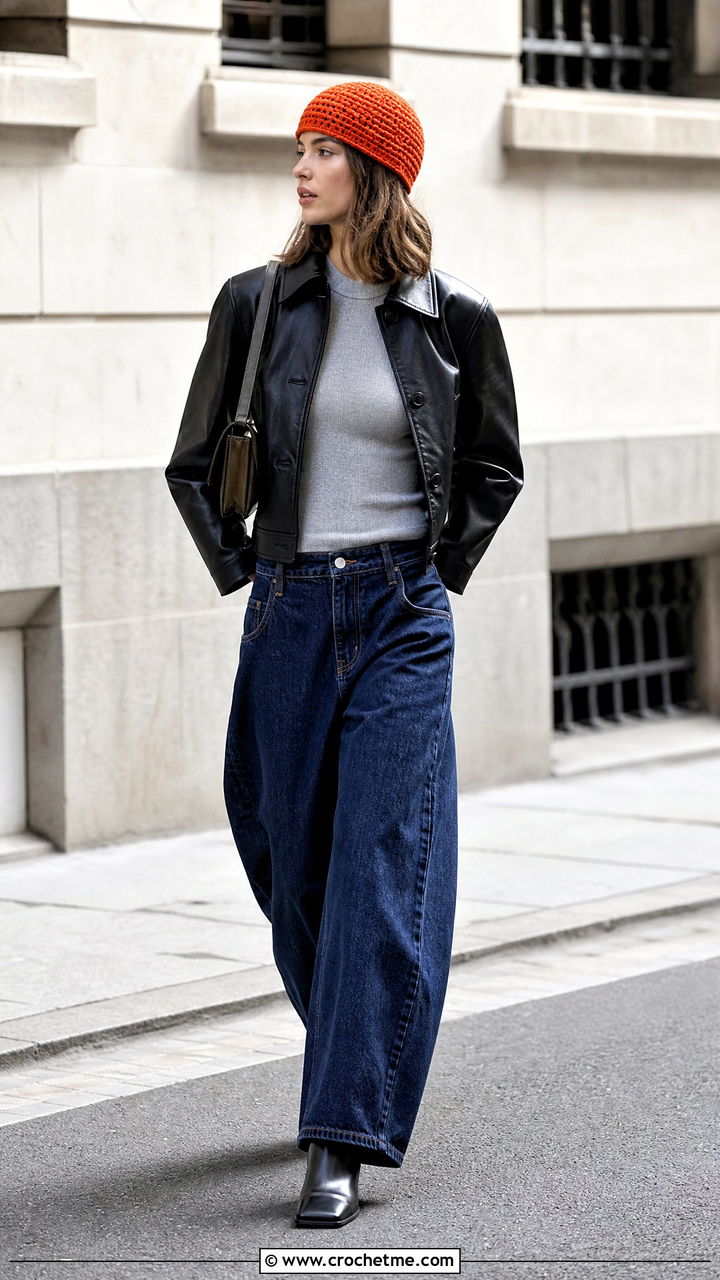 Ribbed Crochet Skull Cap With Leather Jacket And Wide Leg Jeans - 35 crochet skull cap outfit ideas