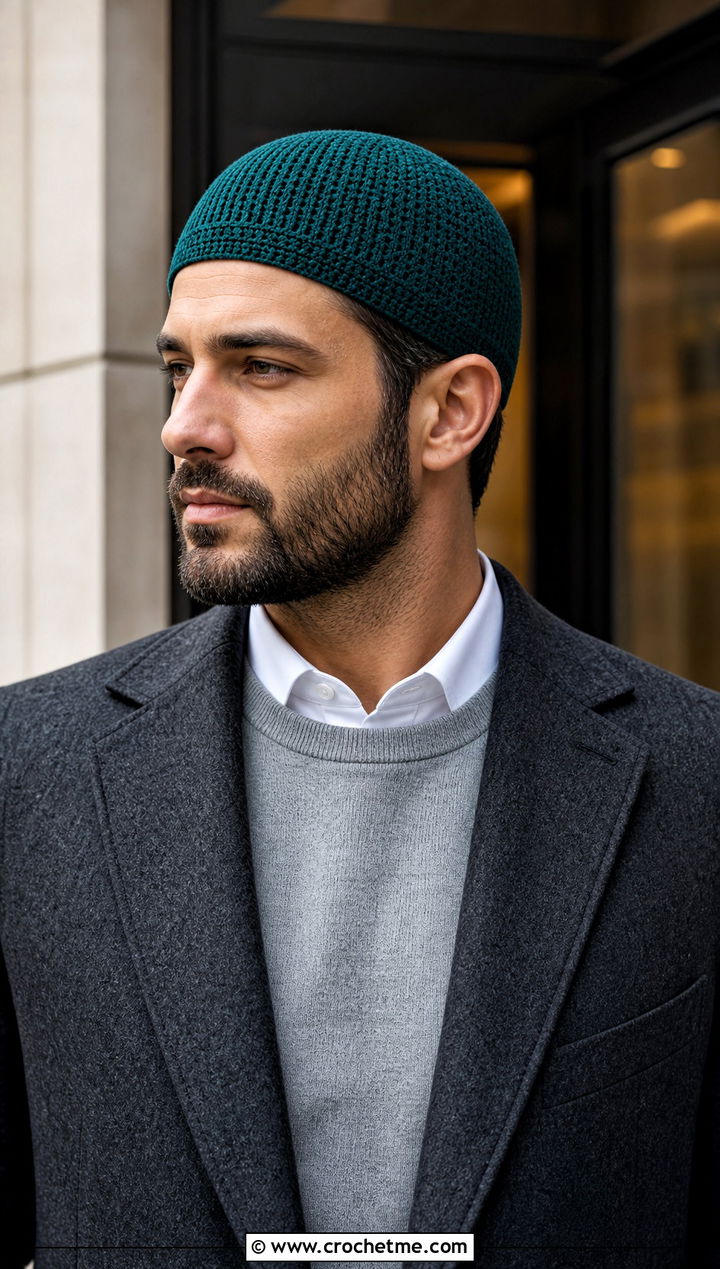 Ribbed Crochet Skull Cap With Overcoat And Tailored Trousers - 25 Crochet Skull Cap For Men outfit ideas