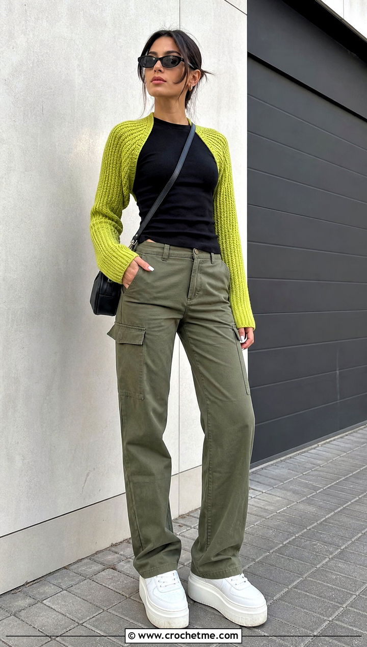 Ribbed Crochet Sleeve Shrug With Cargo Pants - 30 crochet sweater sleeves outfit ideas