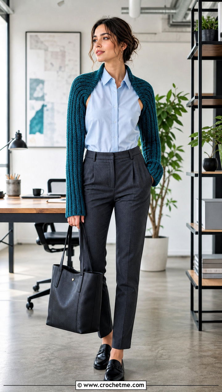 Ribbed Crochet Sleeve Shrug With Tailored Trousers - 30 Crochet Long Sleeve Half Top outfit ideas