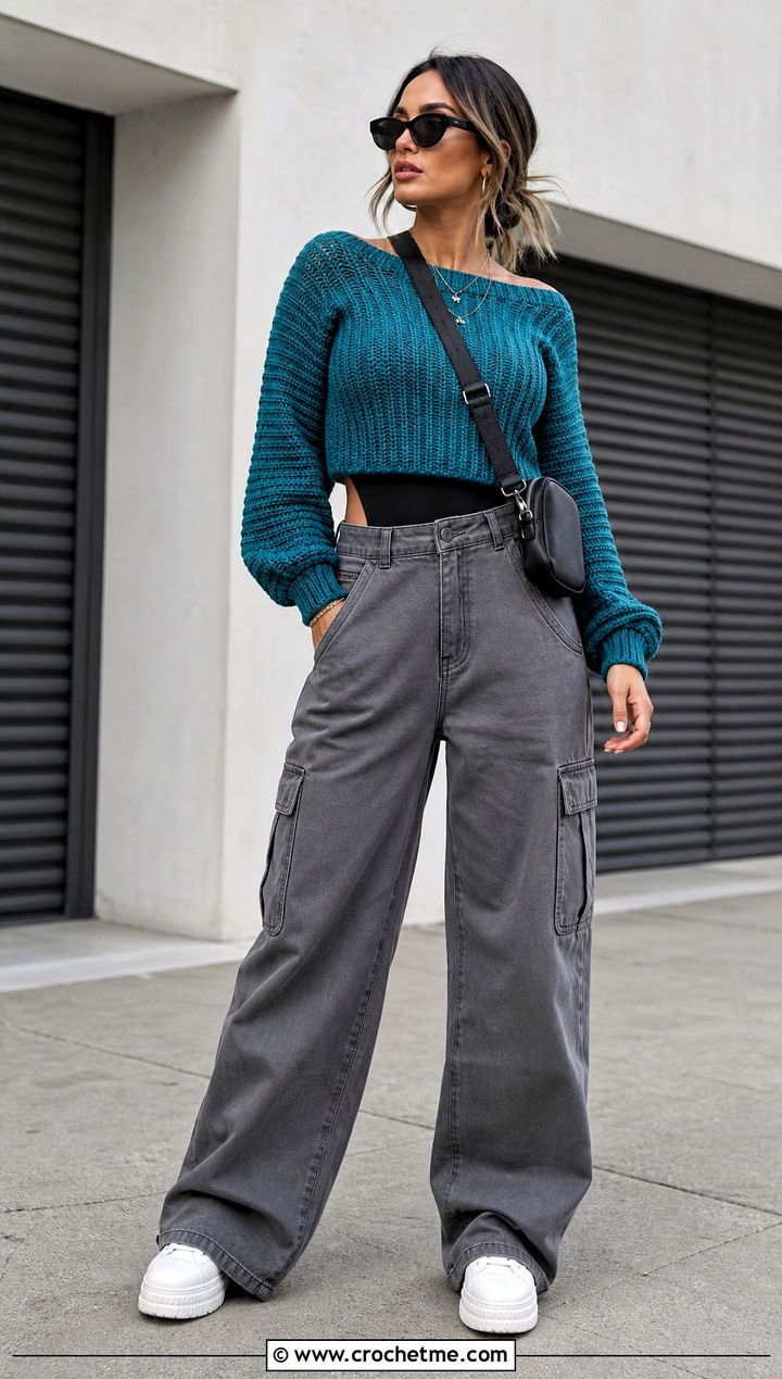 Ribbed Crochet Sleeve Sweater With Cargo Pants - 25 Crochet Mini Sweater outfit ideas