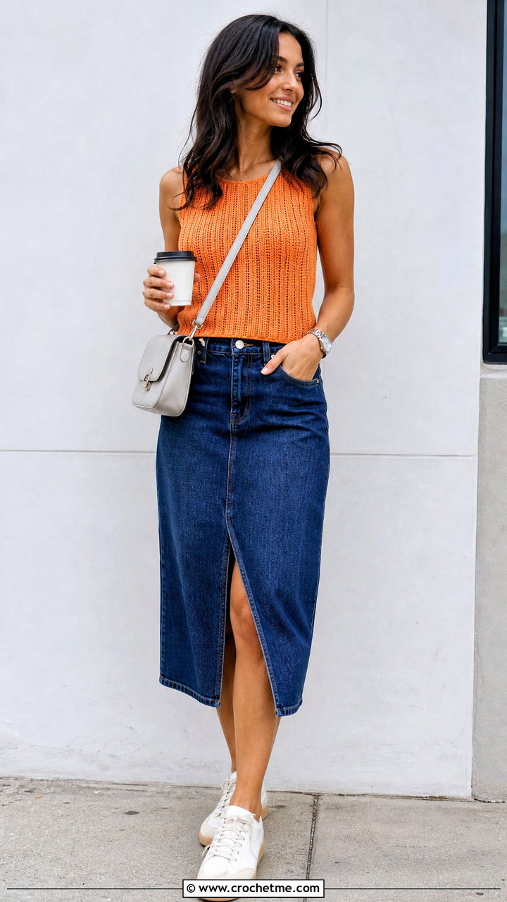 Ribbed Crochet Sleeveless Top With A Denim Midi Skirt - 35 crochet sleeveless top outfit ideas