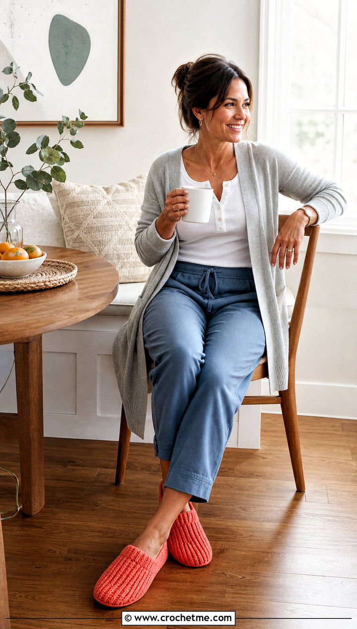 Ribbed Crochet Slippers With Henley And Lounge Pants - 25 Easy Crochet Slippers For Beginners outfit ideas