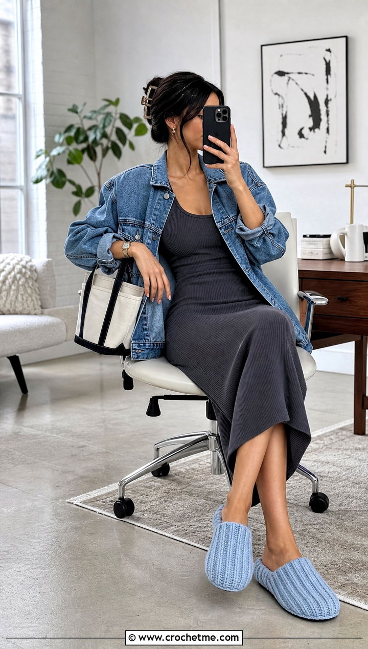 Ribbed Crochet Slippers With Knit Dress And Denim Jacket - 25 Quick And Easy Crochet Slippers outfit ideas