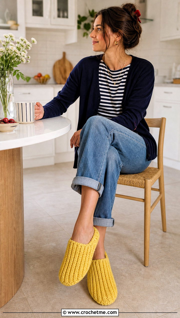Ribbed Crochet Slippers With Straight Leg Jeans - 25 Cute Crochet Slippers outfit ideas
