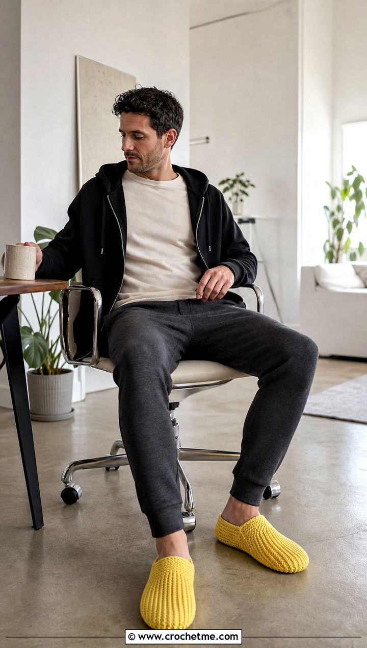 Ribbed Crochet Slippers With Sweatpants - 25 crochet slippers for men outfit ideas