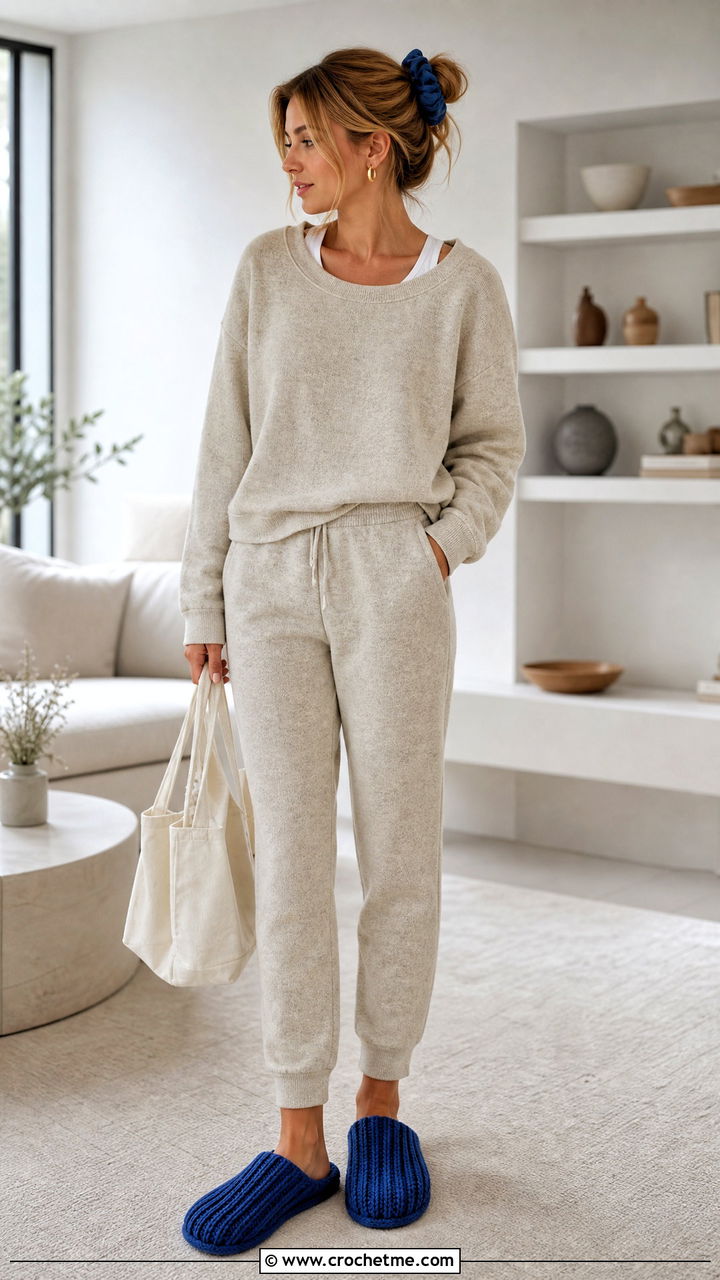 Ribbed Crochet Slippers With a Matching Sweat Set - 35 easy crochet slippers adult outfit ideas