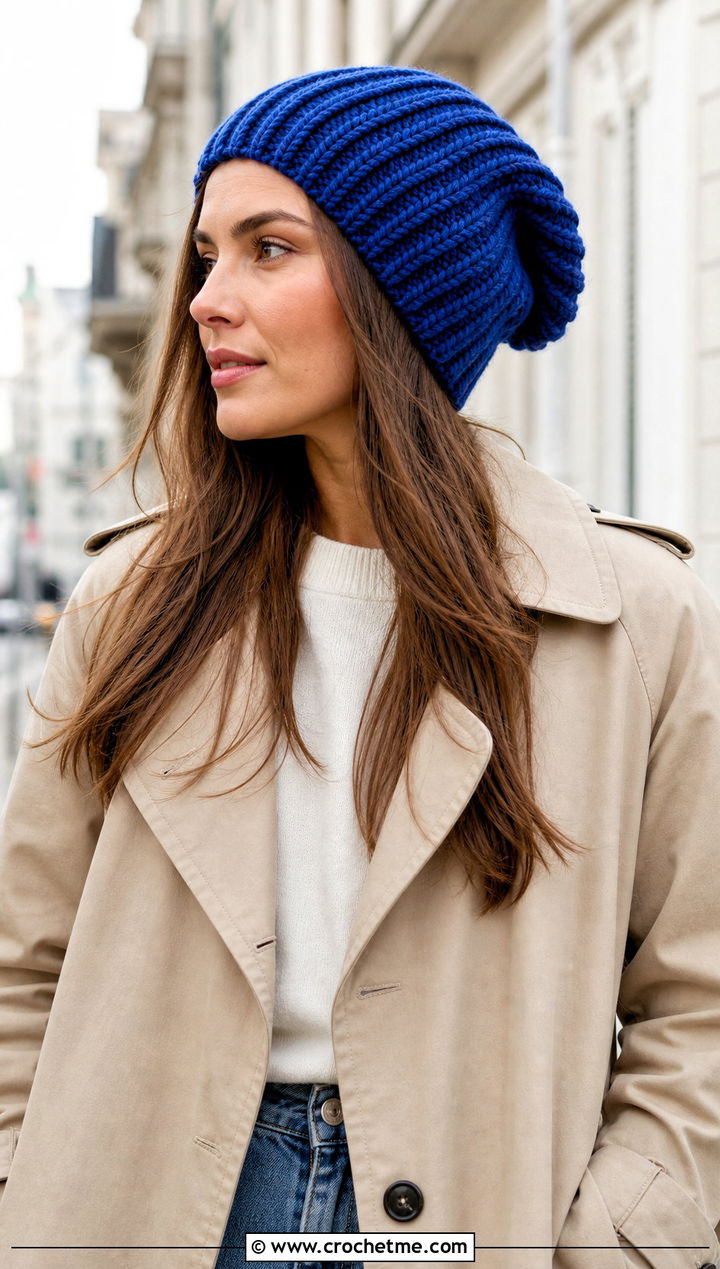 Ribbed Crochet Slouch Beanie With Trench Coat And Jeans - 35 crochet slouch beanie outfit ideas
