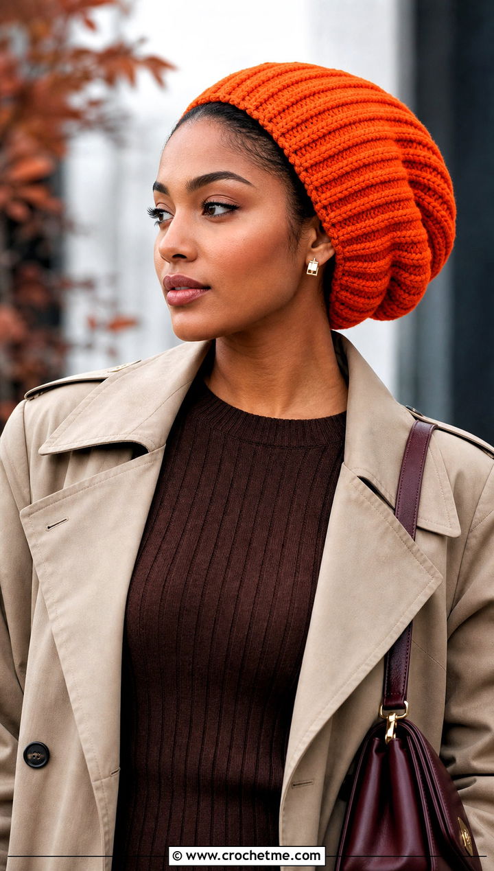 Ribbed Crochet Slouch Dread Cap With Trench Coat And Knit Dress - 20 Crochet Dread Cap outfit ideas