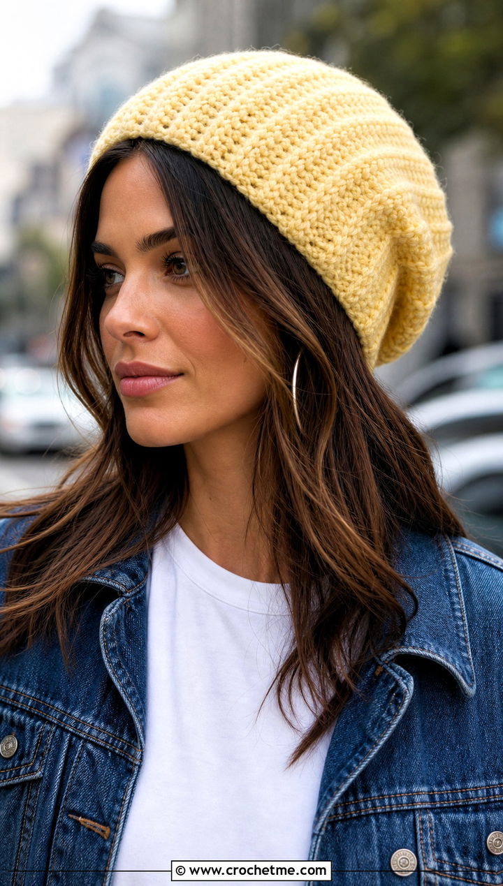 Ribbed Crochet Slouch Hat With Denim Jacket And Jeans - 25 easy crochet slouch hat outfit ideas