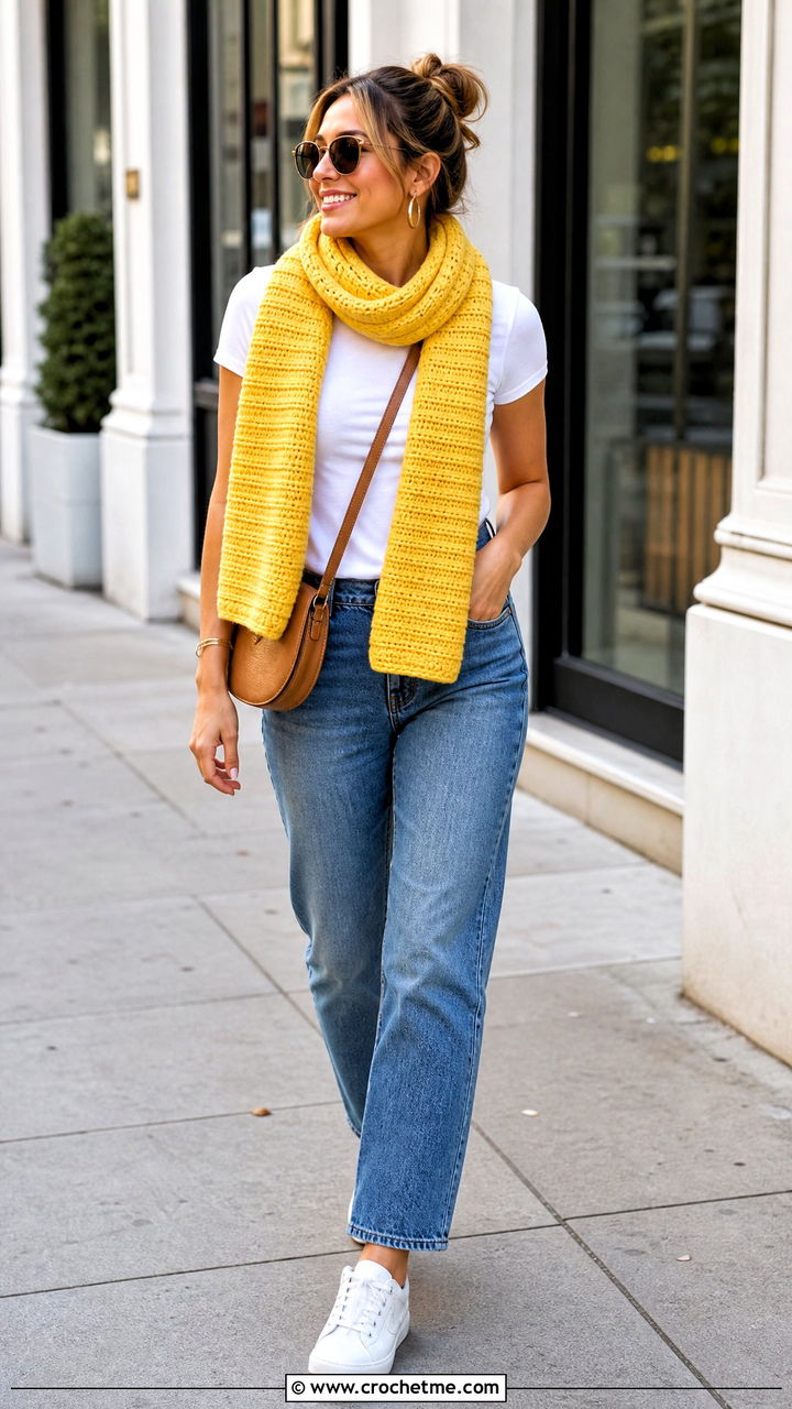 Ribbed Crochet Sophie Scarf With White Tee And Jeans - 35 crochet sophie scarf outfit ideas