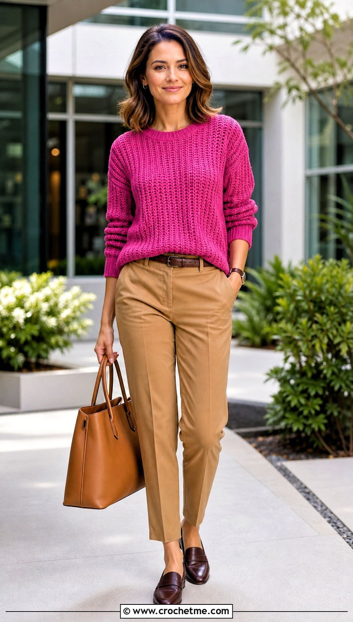 Ribbed Crochet Spring Sweater With Chino Pants - 35 crochet spring sweater outfit ideas