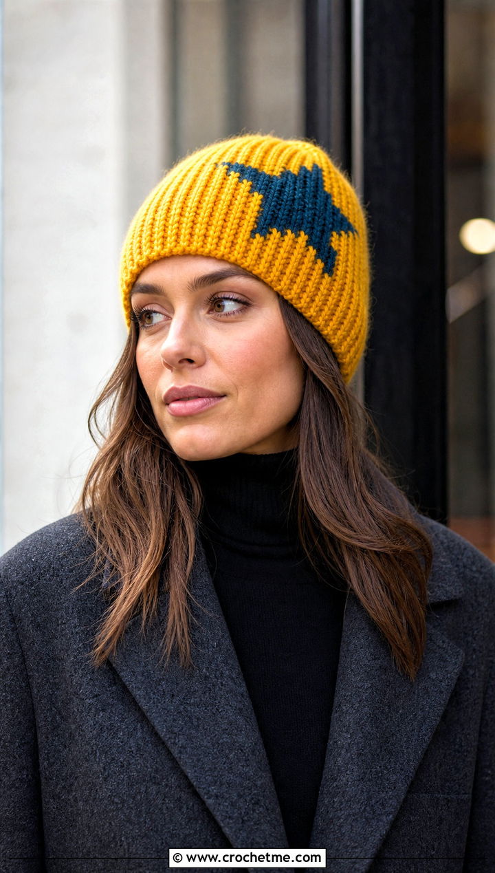 Ribbed Crochet Star Toque With Wool Coat - 25 crochet star hat outfit ideas