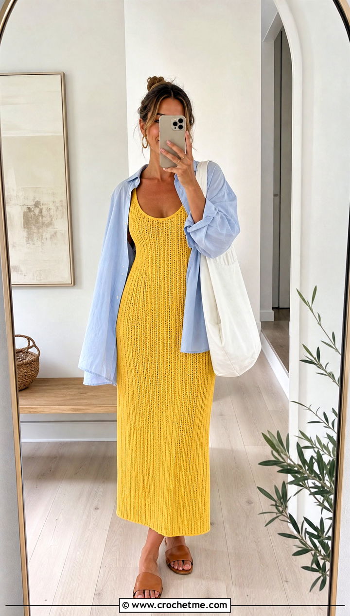 Ribbed Crochet Sun Dress With Oversized Shirt - 35 crochet sun dress outfit ideas