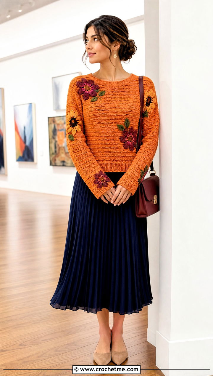 Ribbed Crochet Sunflower Sweater With Pleated Midi Skirt - 35 crochet sunflower sweater outfit ideas