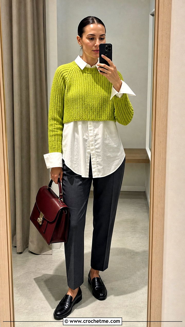 Ribbed Crochet Super Cropped Sweater With Button Down Shirt - 15 Crochet Super Cropped Sweater outfit ideas