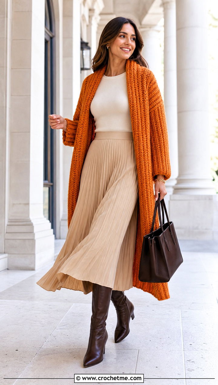 Ribbed Crochet Sweater Blanket With Pleated Midi Skirt - 25 crochet sweater blanket outfit ideas
