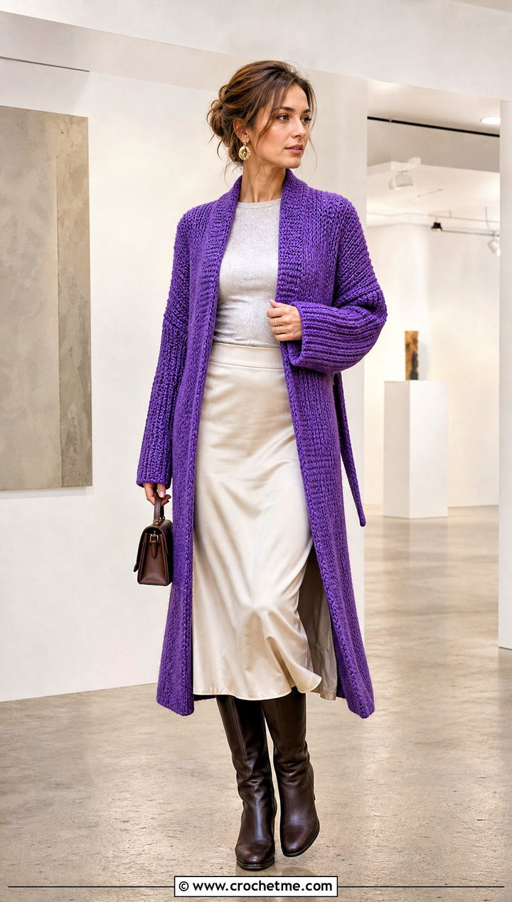 Ribbed Crochet Sweater Coat With A Satin Midi Skirt - 20 Crochet Sweater Coat outfit ideas