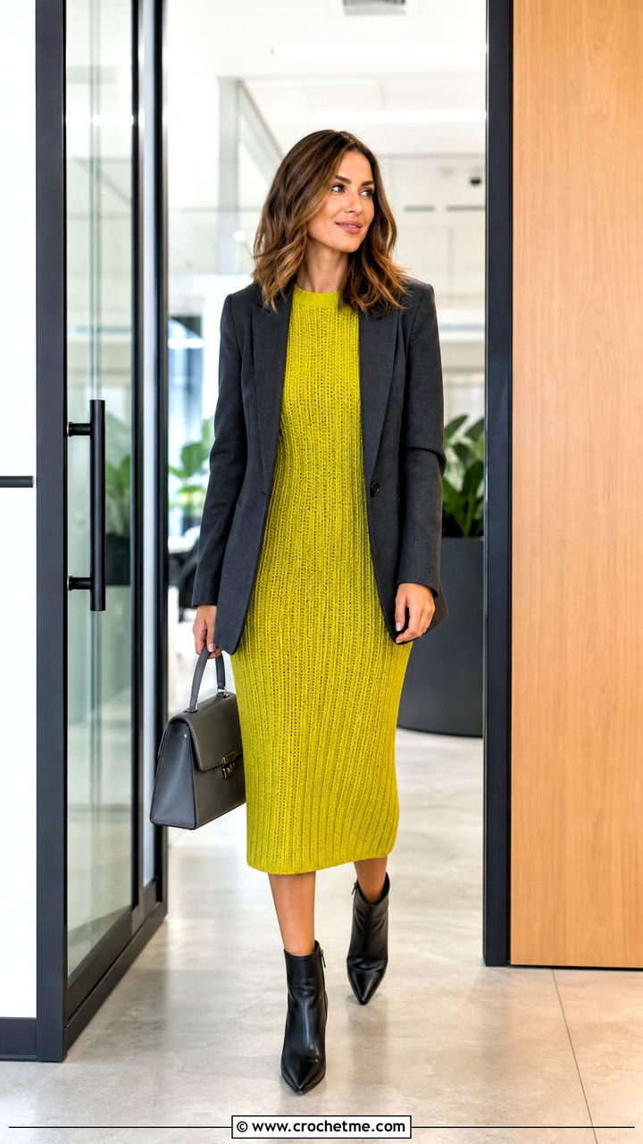 Ribbed Crochet Sweater Dress With Blazer And Ankle Boots - 35 crochet sweater dress outfit ideas