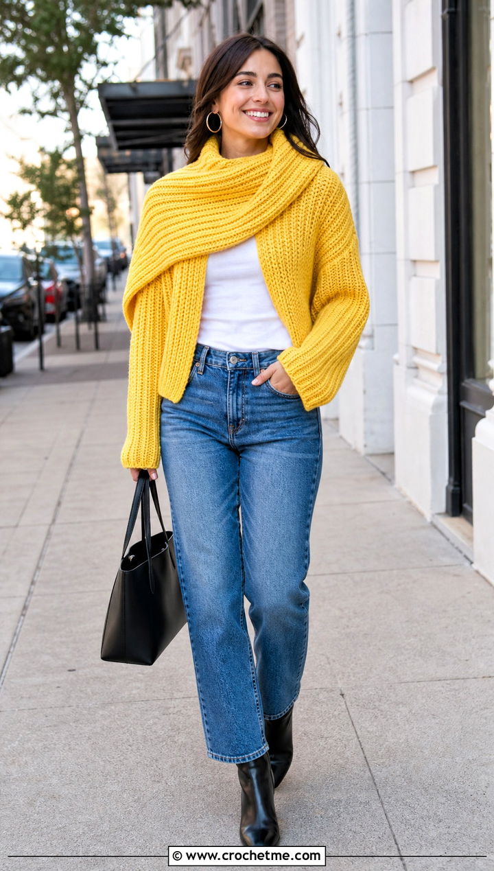 Ribbed Crochet Sweater Scarf With Sleeves And Straight Leg Jeans - 25 crochet sweater scarf with sleeves outfit ideas