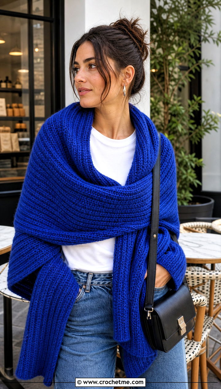 Ribbed Crochet Sweater Scarf Wrap With Straight Leg Jeans - 30 crochet scarf sweater wrap outfit ideas