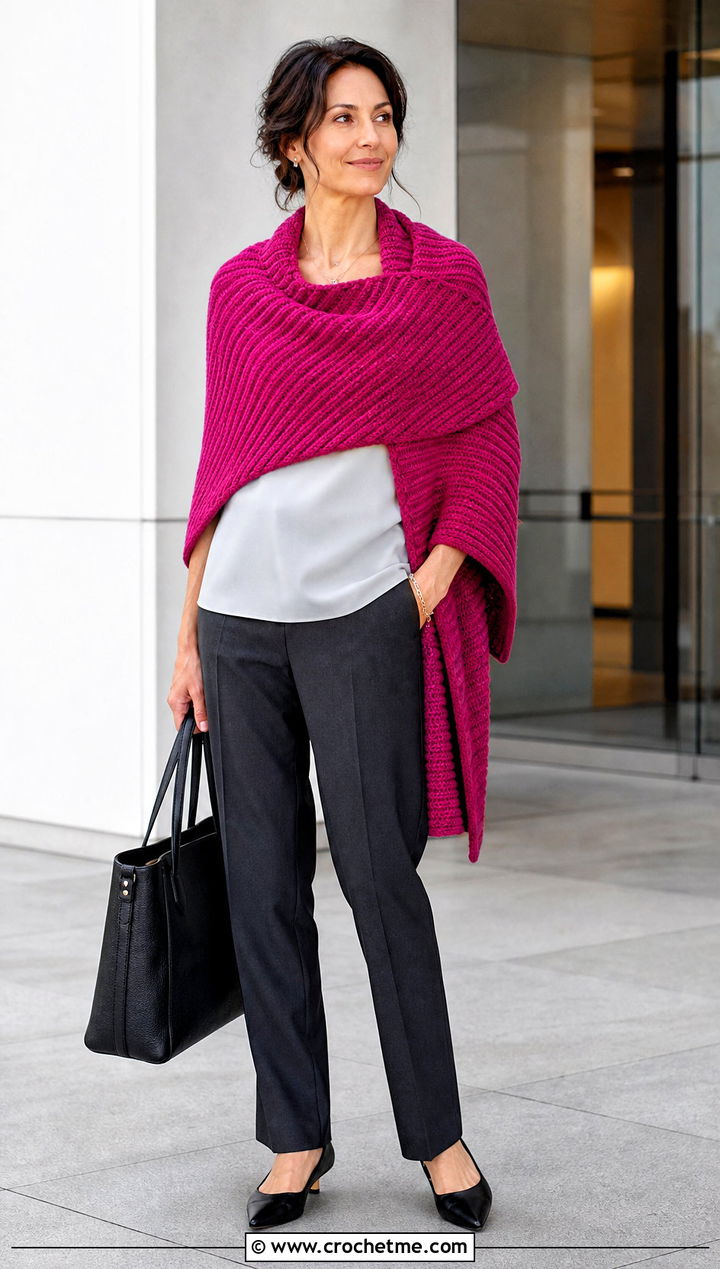 Ribbed Crochet Sweater Shawl With Tailored Trousers - 25 crochet sweater shawl outfit ideas