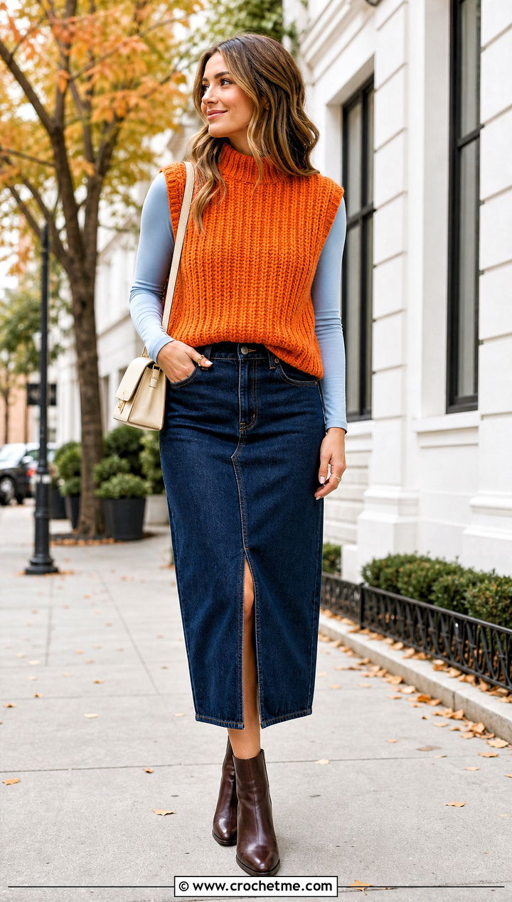 Ribbed Crochet Sweater Vest With Denim Midi Skirt - 15 Handmade Crochet Sweater Vest outfit ideas