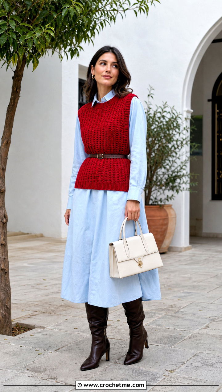 Ribbed Crochet Sweater Vest With Midi Dress - 25 Ribbed Crochet Sweater outfit ideas
