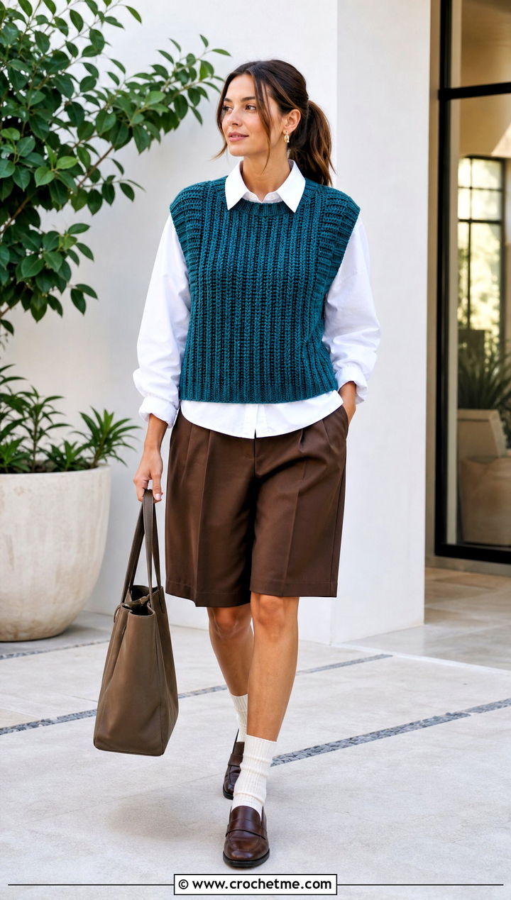 Ribbed Crochet Sweater Vest With Shirt And Tailored Shorts - 30 quick crochet top outfit ideas