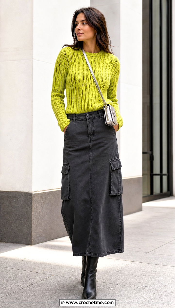 Ribbed Crochet Sweater With Cargo Maxi Skirt - 35 crochet sweater for women outfit ideas
