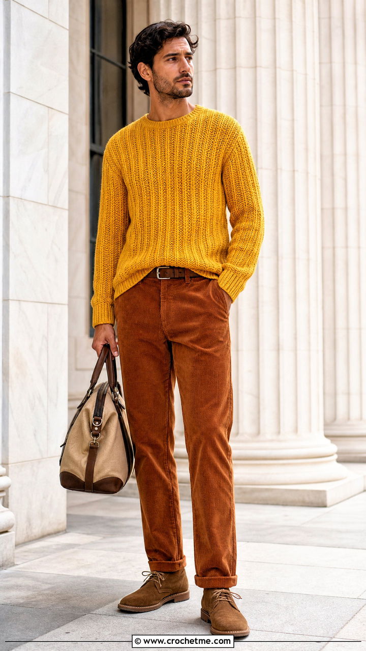 Ribbed Crochet Sweater With Corduroy Pants - 35 crochet mens sweater outfit ideas