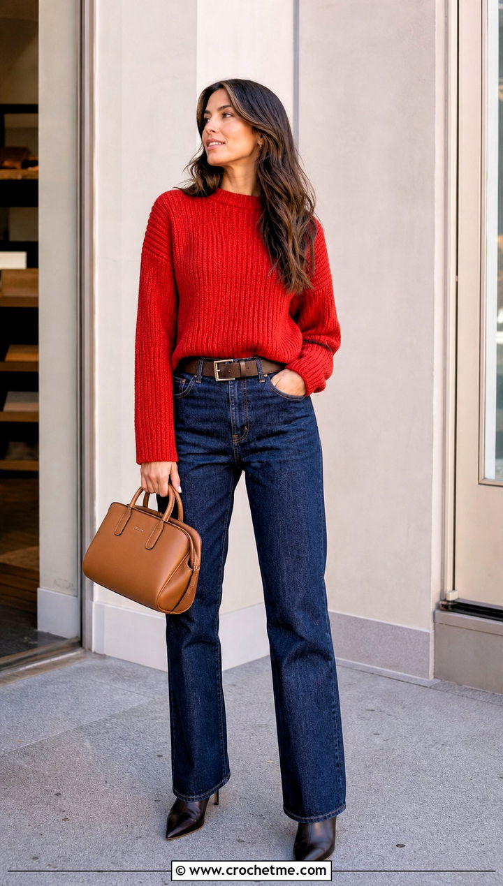 Ribbed Crochet Sweater With Dark Denim and Ankle Boots - 15 Crochet Sweater Aesthetic outfit ideas