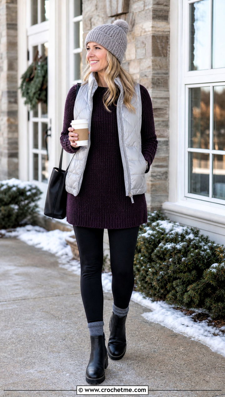 Ribbed Crochet Sweater With Leggings And Boots - 20 Comfy Crochet Sweater outfit ideas