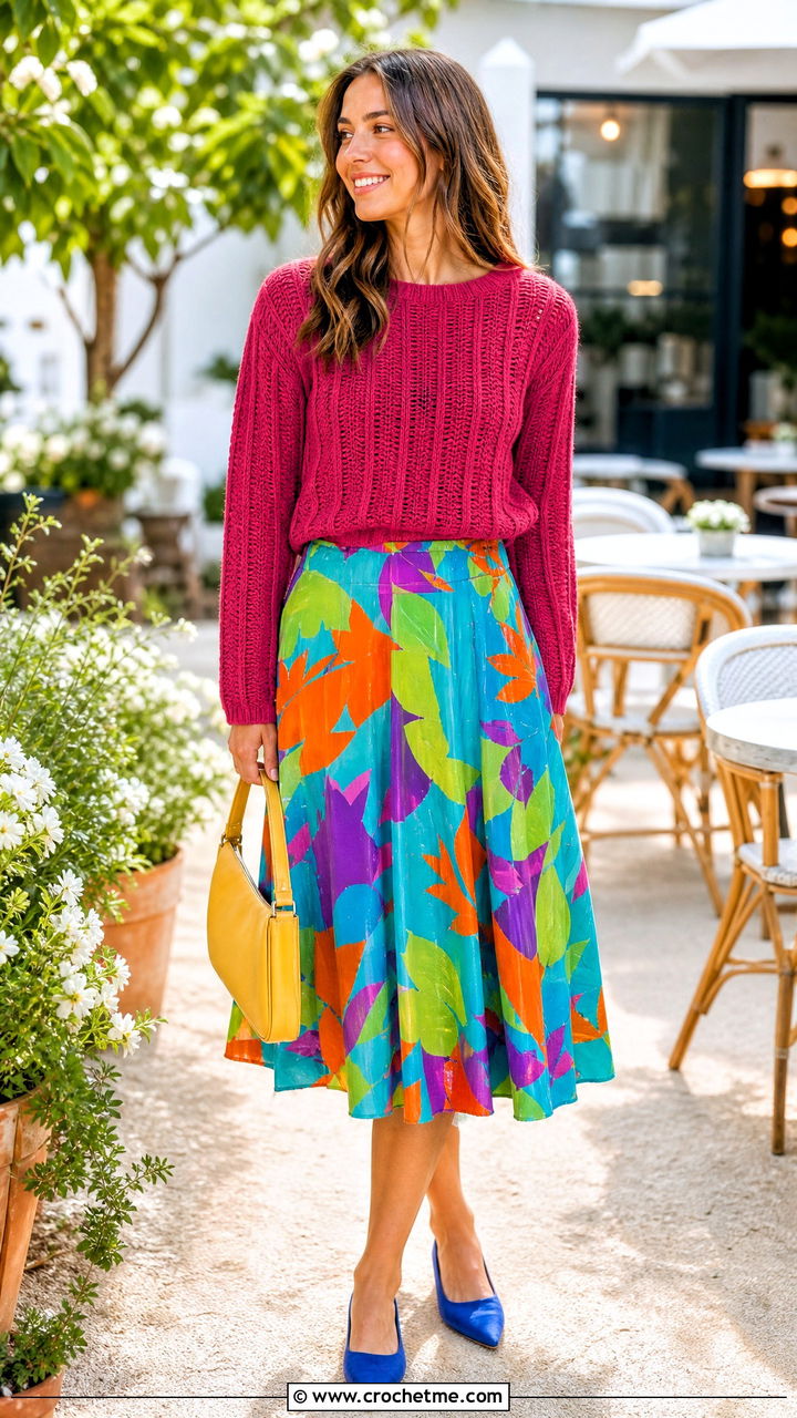 Ribbed Crochet Sweater With Printed Midi Skirt - 35 crochet sweater design outfit ideas