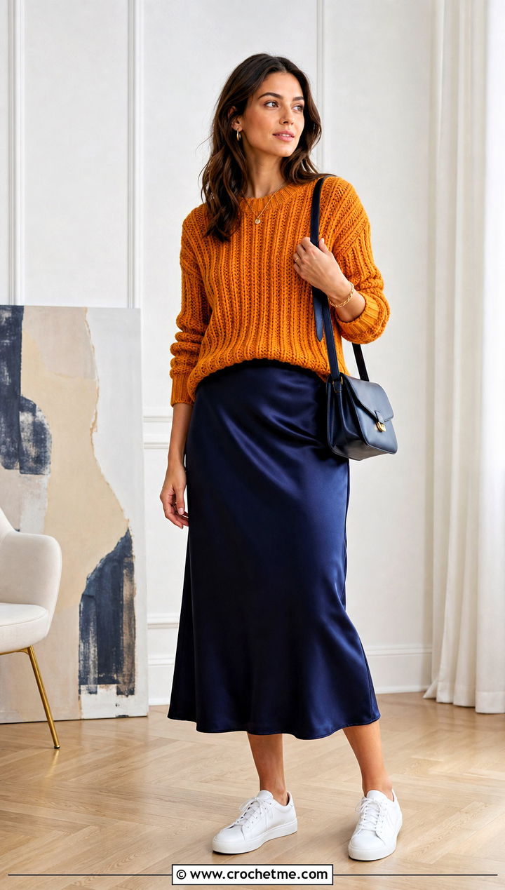 Ribbed Crochet Sweater With Satin Midi Skirt - 25 unisex crochet sweater outfit ideas